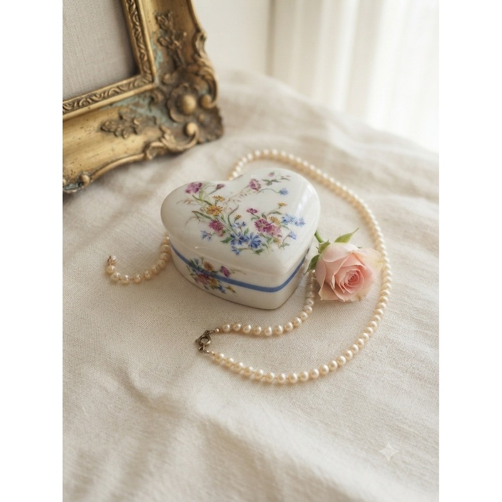 Rochard Limoges France Heart Porcelain Trinket Box Hand Painted Wildflowers